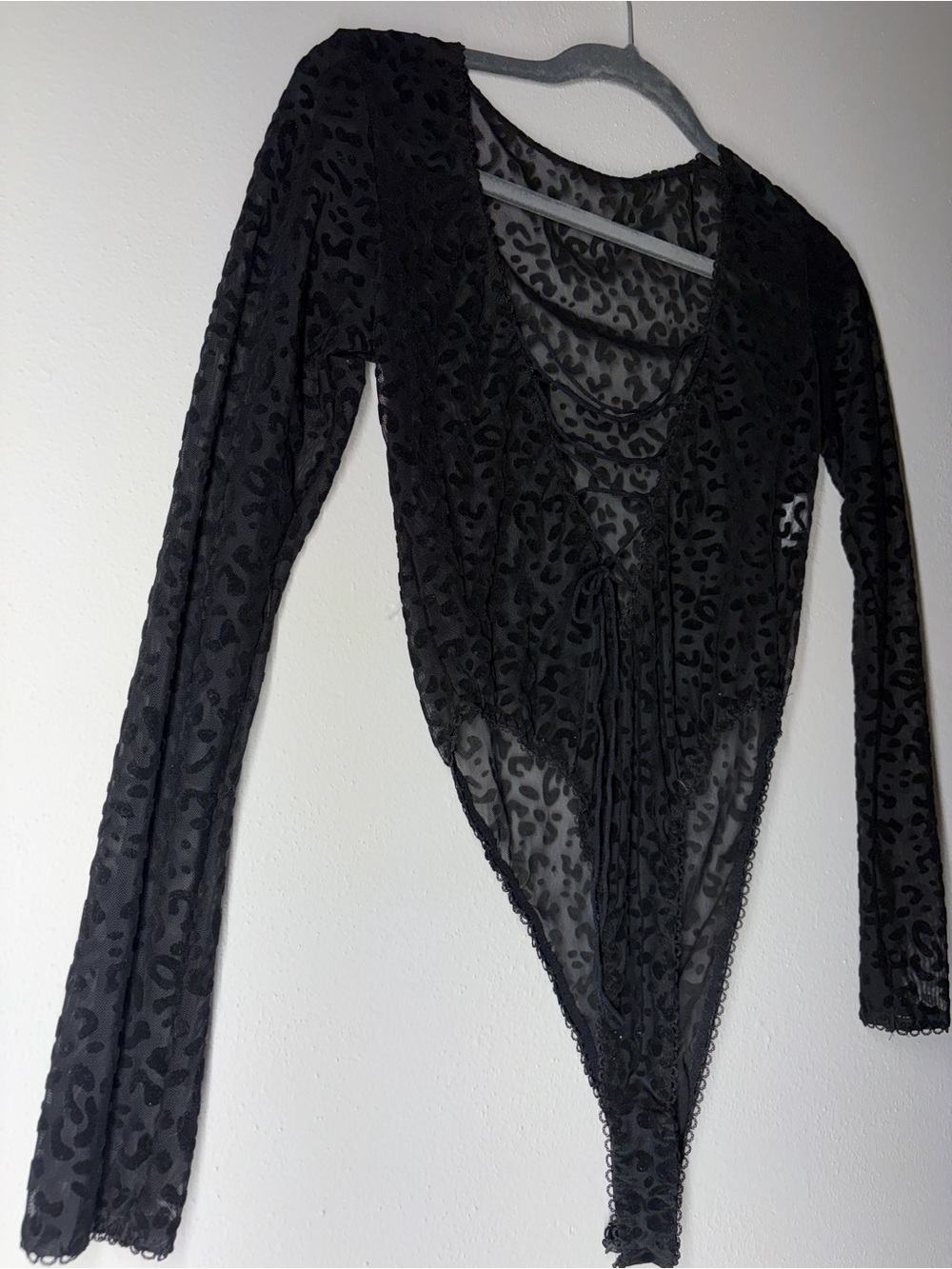 Women's Black Sheer Leopard Lace-Up Bodysuit